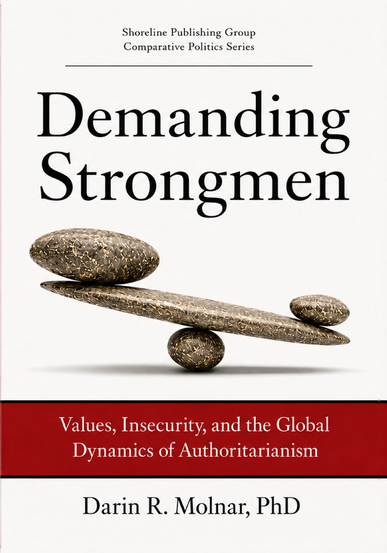 Cover of Demanding Strongmen: a stone bar balanced unevenly on a stone fulcrum, above a red band carrying the subtitle.